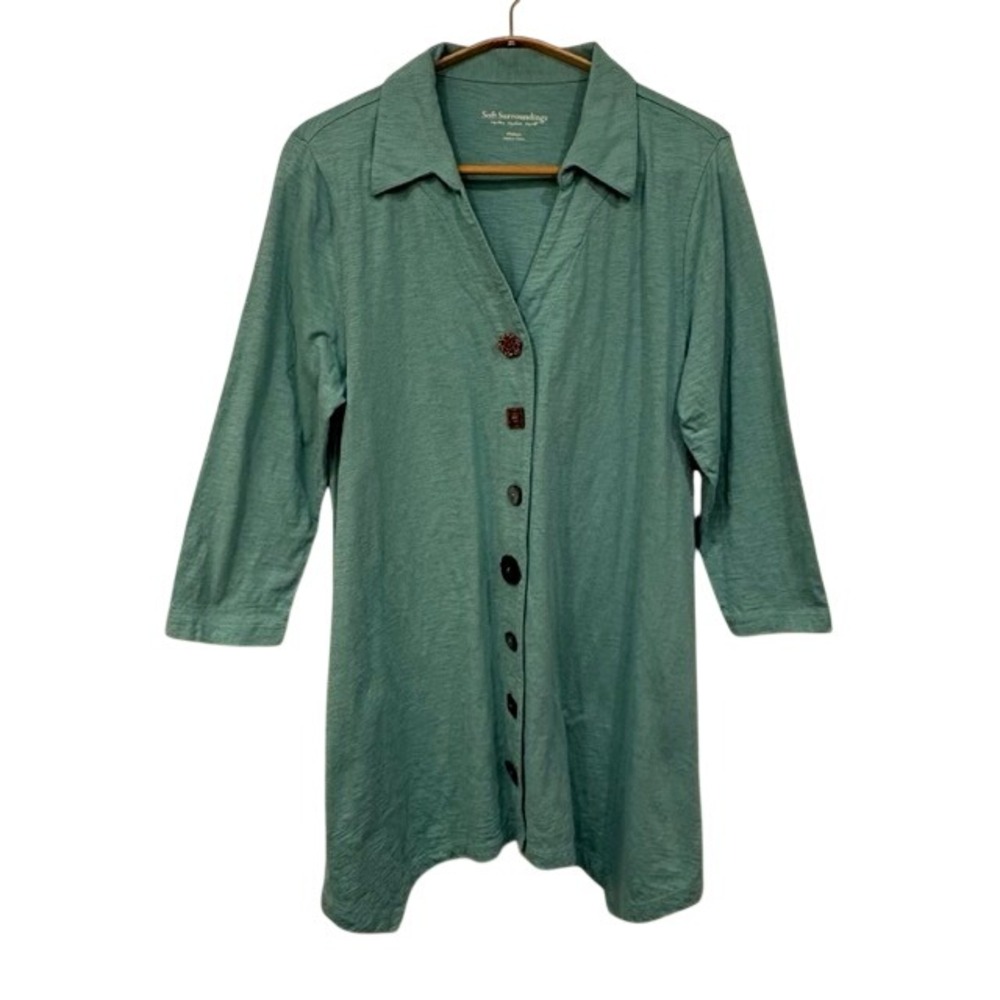 Soft Surroundings Teal Slub Top Artistic Artsy Button Tunic Sharkbite Hem Medium